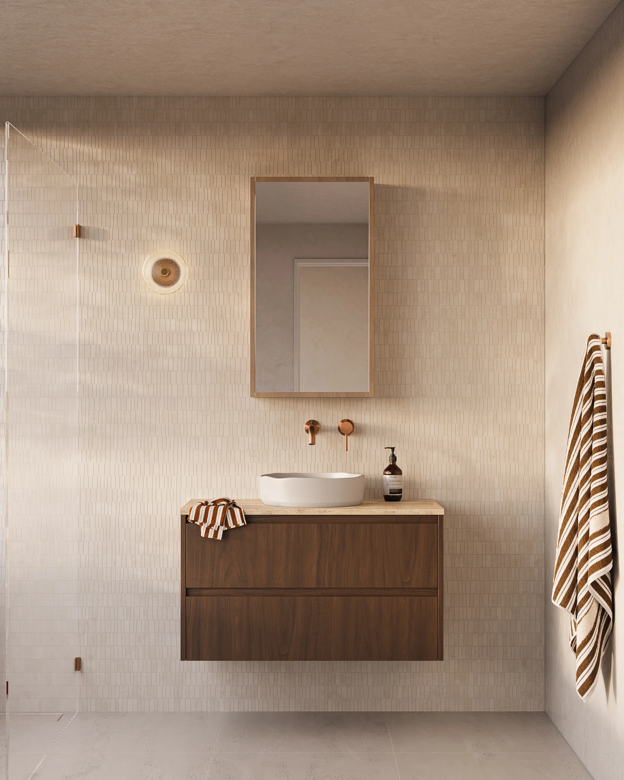 DarkOakVanity Insetting Final Addison2Drawer900mm TopBench Travertine