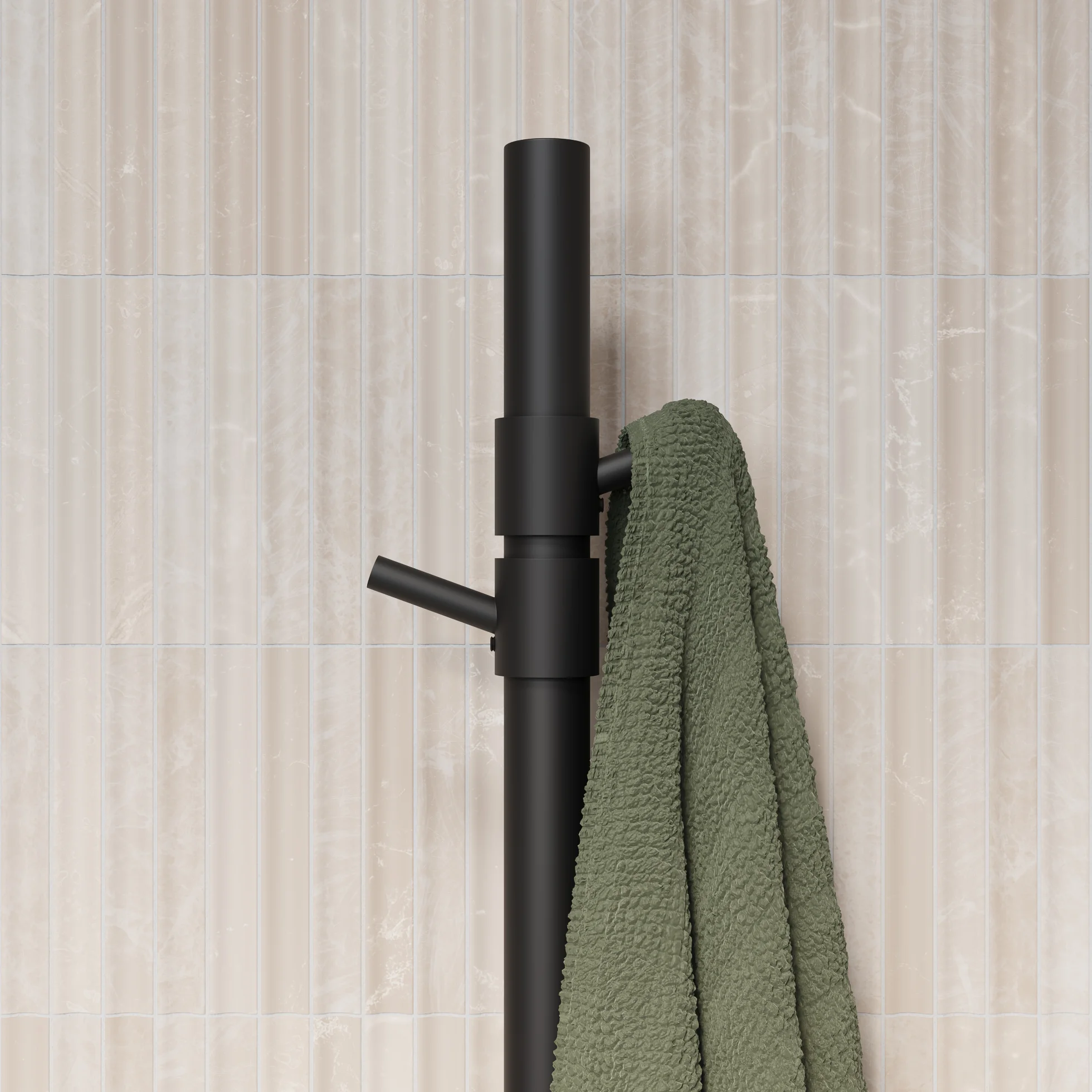 ModiAdjHeatedTowelRail Final View03 HooksClosup MB 01