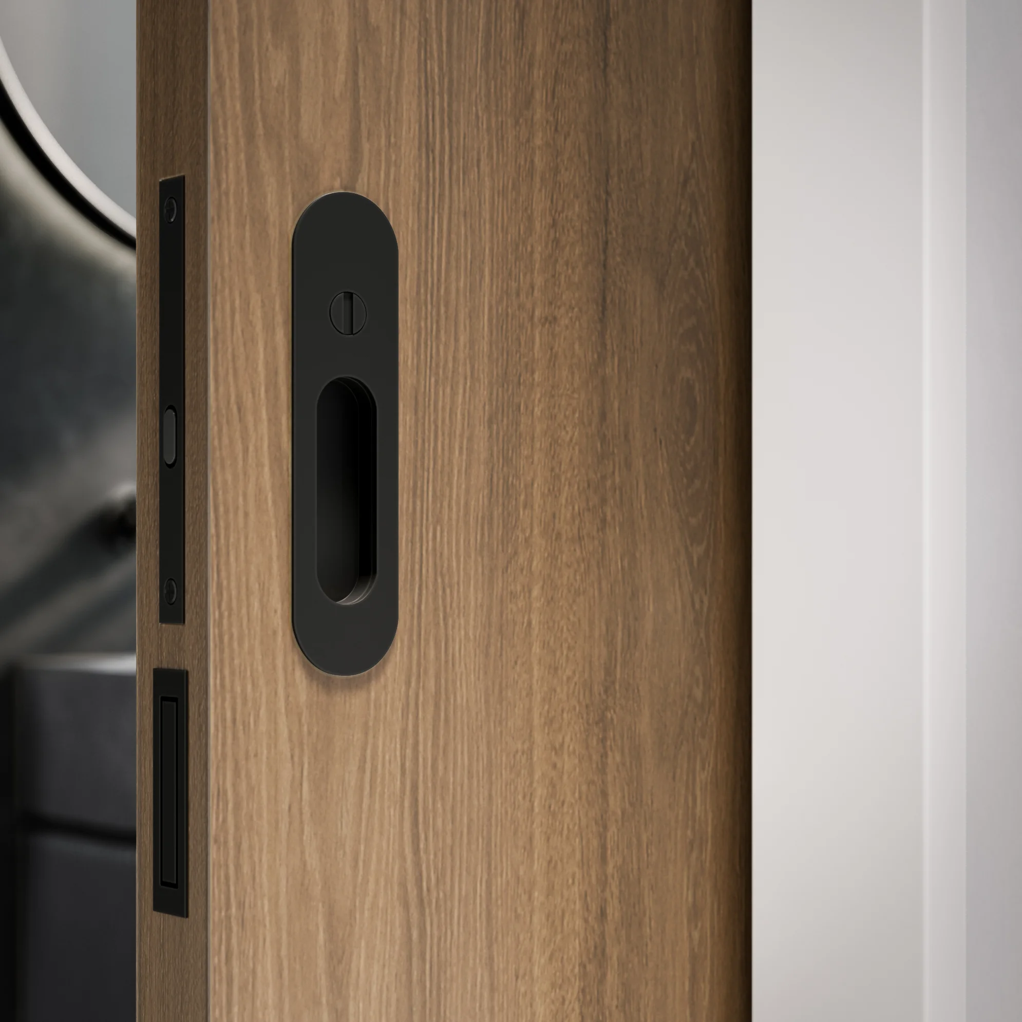 CLOSE UP Nelios Concrete Basin and Pedestal GREY  Leroy Pull-Cavity Slidier Edge Pull MB 