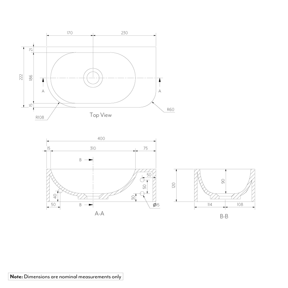Vesi Wall Mounted Basin 400mm Specifications