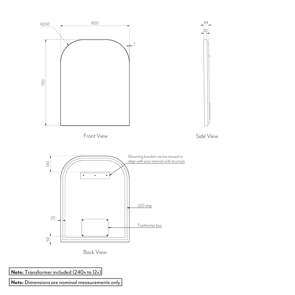 Arch Wall Mirror LED 600 x 750mm Gallery Spec-01