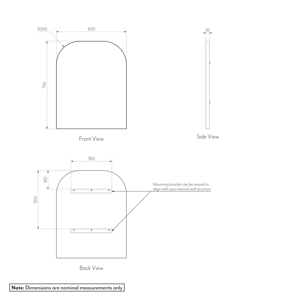 Arch Wall Mirror 600 x 750mm Gallery Spec-01