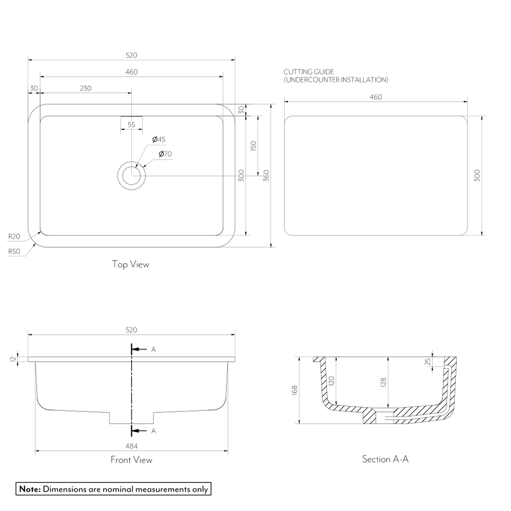 Zuri Rectangle Undercounter Basin 520mm SPEC-01-01-01-01