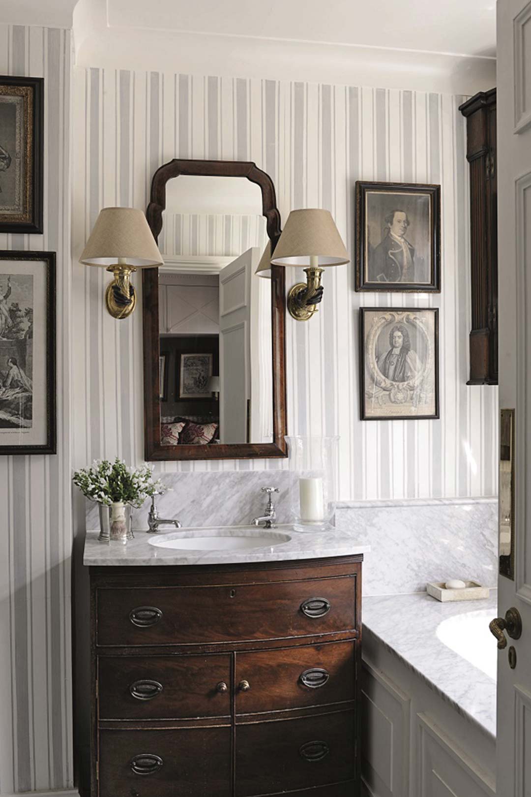 Old-money-aesthtic-style-home-with-timber-vanity-provincial-tapware-and-thick-stripped-wallpaper