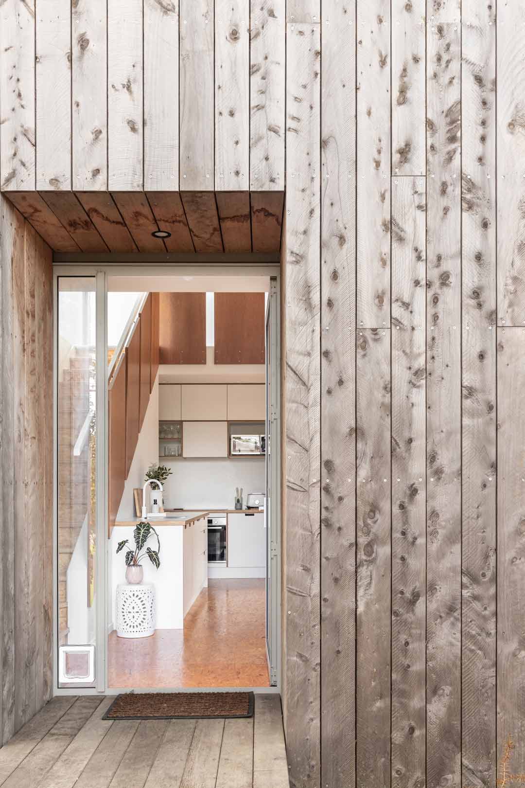 Pale-timber-vertical-panels-draw-attention-to-this-tiny-home-entry-way-into-the-kitchen