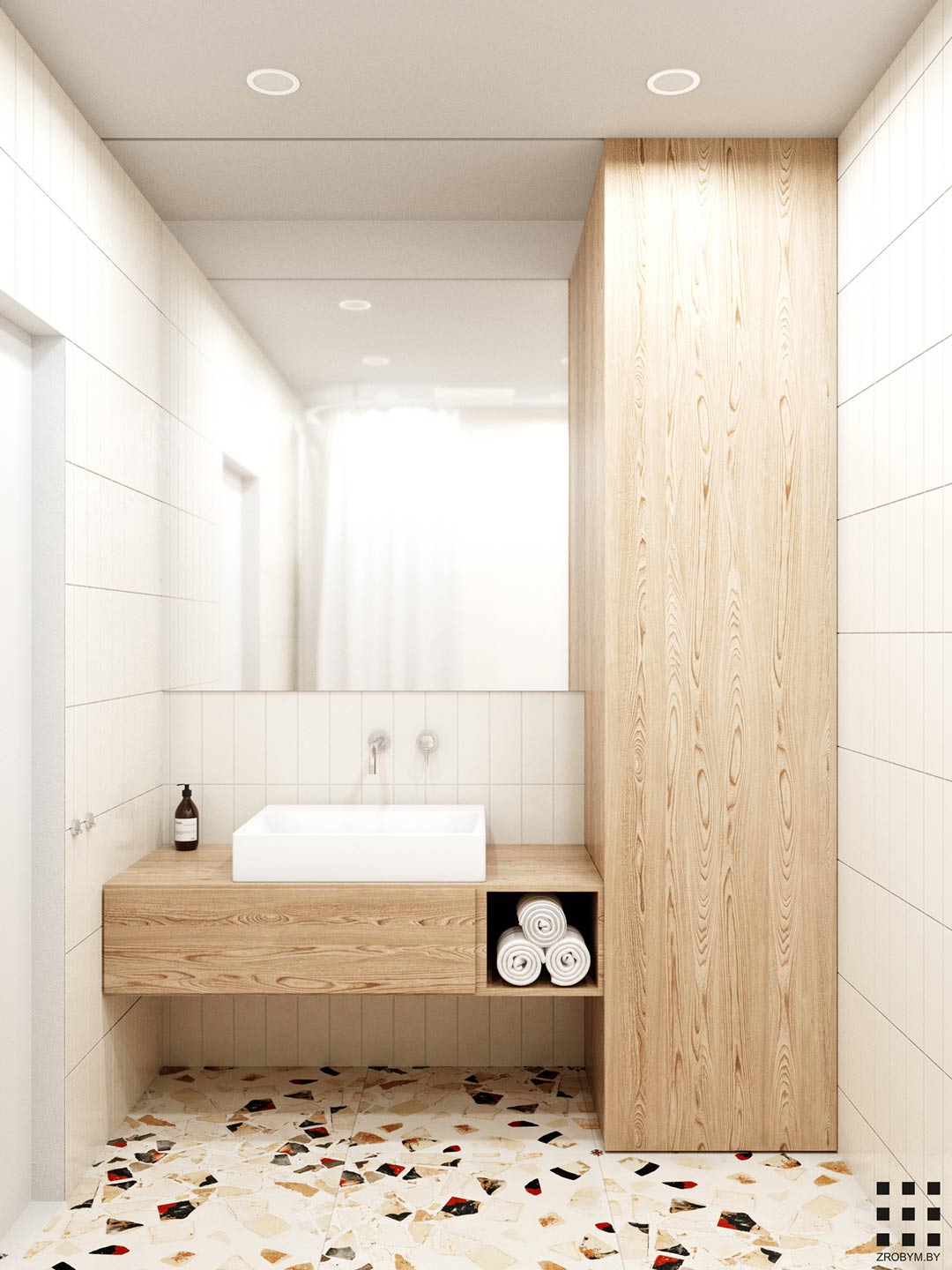 Small-laundry-Ideas-a-bathroom-and-laundry-combination-with-warm-timber-sliding-door-to-conceal-the-washing-machine-and-terrazo-floor