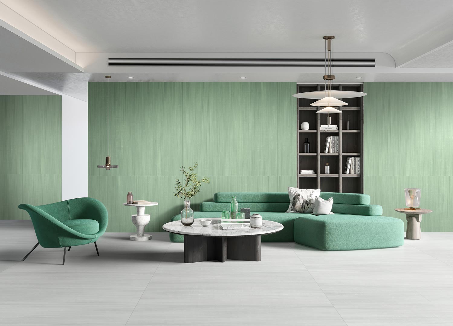 Pastel-green-tiles-and-curved-edges-are-trends-going-into-2023-along-with-bold-colour-like-this-green-coloured-couch
