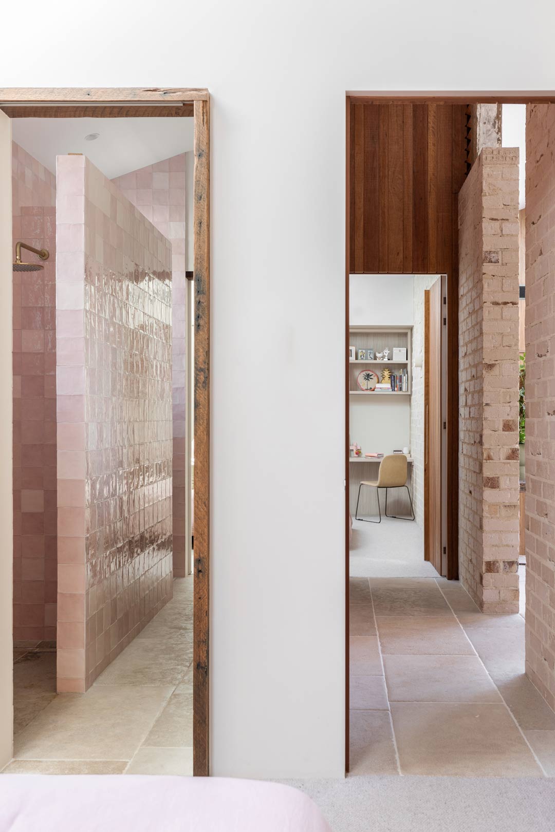 Kids-bedrooms-with-an-adjoining-shared-bathroom-with-pink-feature-tiles-and-brushed-brass-tapware