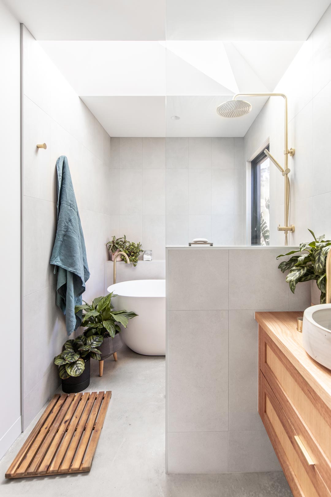 Indoor-plants-in-a-bathroom-with-brushed-brass-shower-and-a-timber-vanity