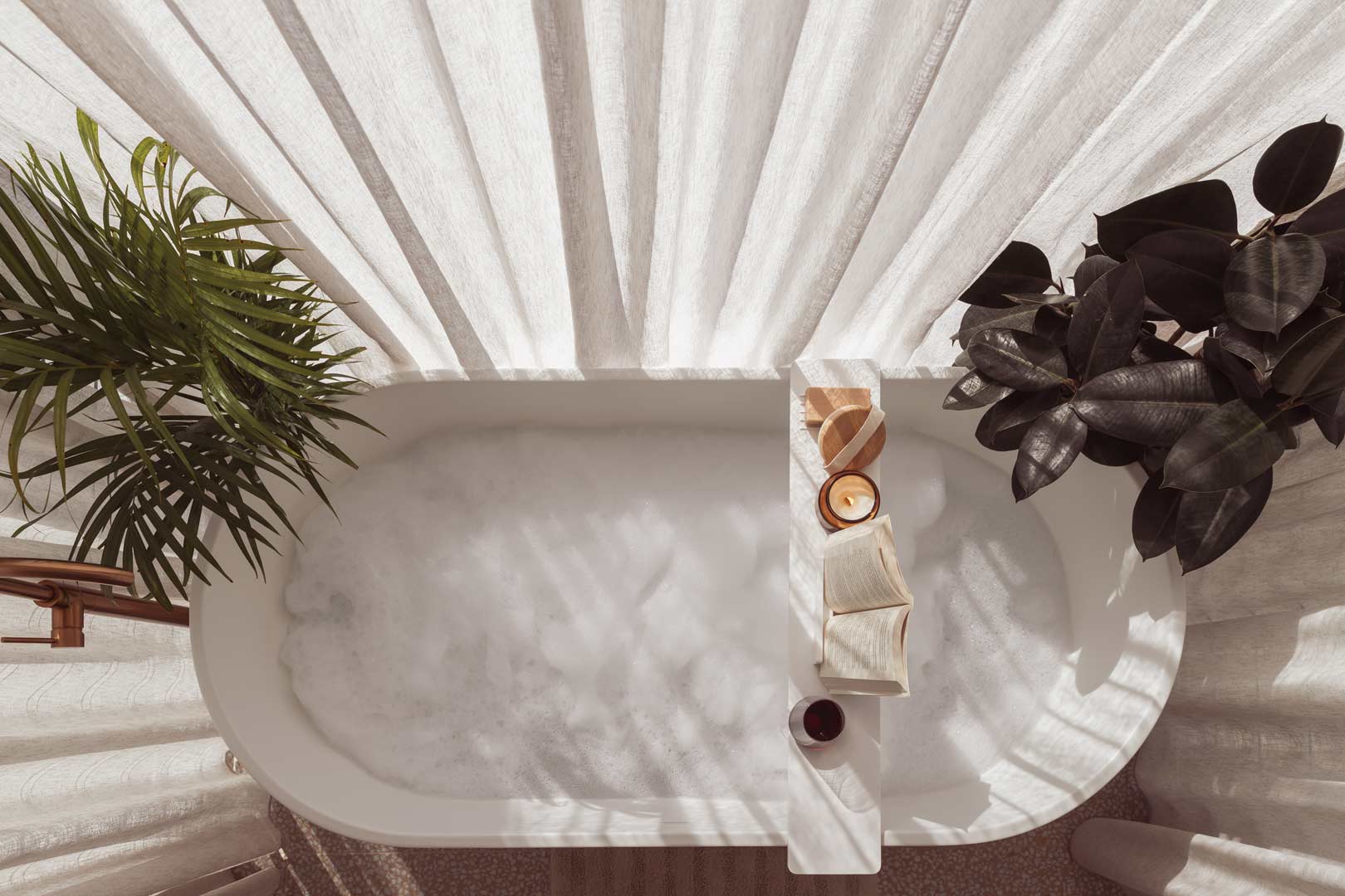 Relaxation-and-wind-down-time-before-bed-with-a-bubble-bath-candle-book-and-glass-of-wine